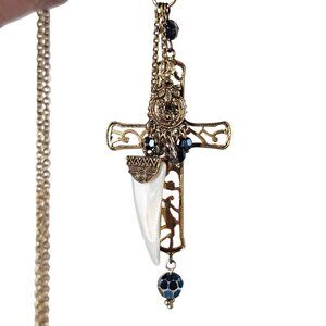 Une Ligne Gold-Tone Necklace Cross Faux Horn Crystal Accents‎ Charms 17" Chain
